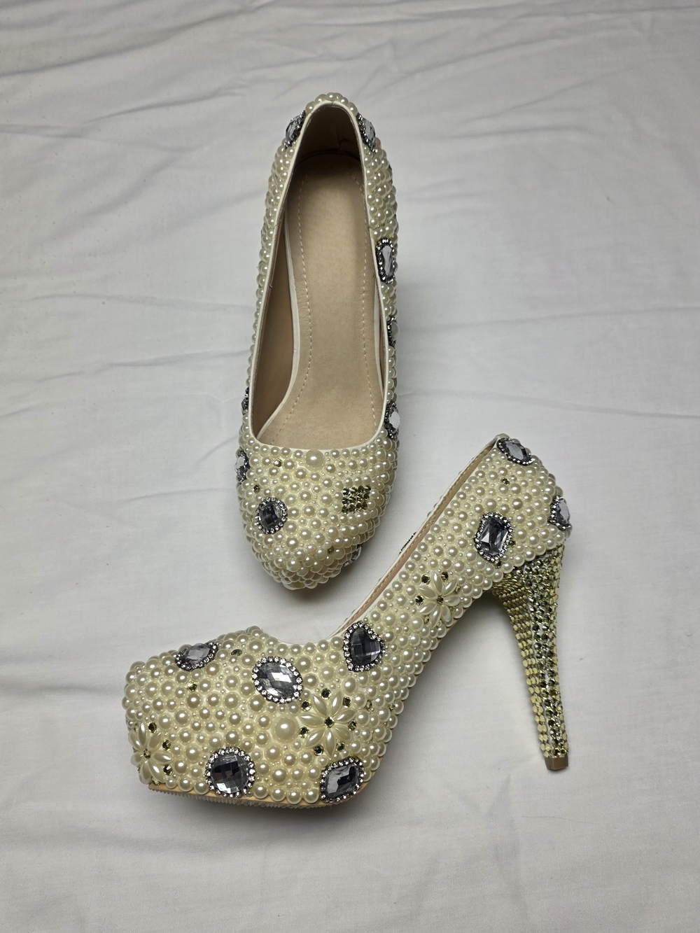 Pearl and Crystal Embellished Ivory High Heel Pumps